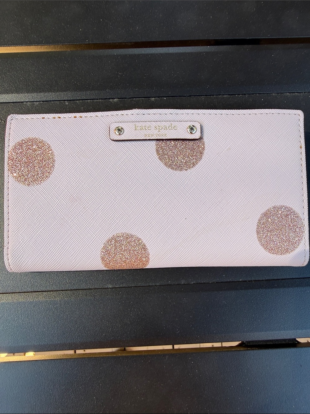 kate spade Baby Pink Wallet with Rose Gold Glitter Dots